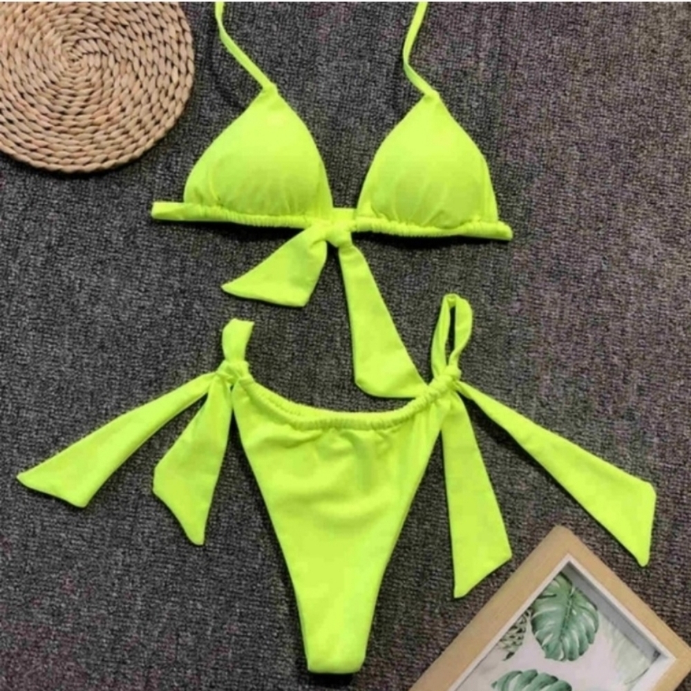 New Neon Slide Triangle Top and Slide Side Tie Bottom Bikini Set Swimsuit Size L - Picture 6 of 8
